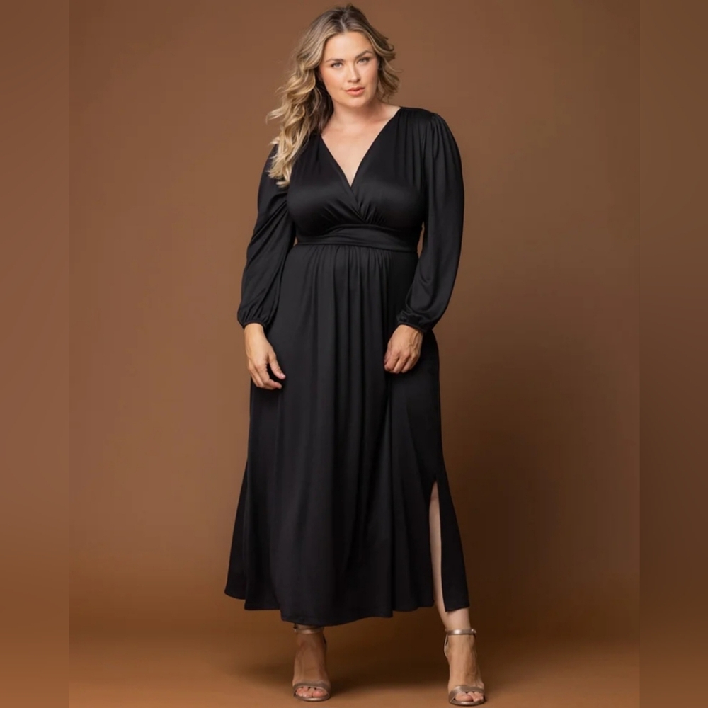 Kiyonna Black Long Sleeve V-Neck Wrap Maxi Dress with Side Slit